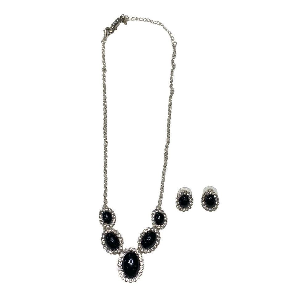 Vintage Black Cabochon Rhinestone Necklace Earrings Set Silver Tone Statement
